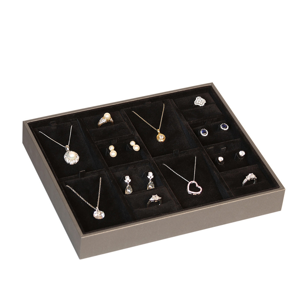 Showcase Tray with Cover — Large Pendant (4)/Earring (4)/Ring (4) — Glacier Grey Faux Leather w/ Black Insert