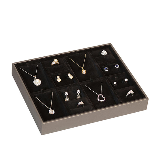 Showcase Tray with Cover — Large Pendant (4)/Earring (4)/Ring (4) — Glacier Grey Faux Leather w/ Black Insert