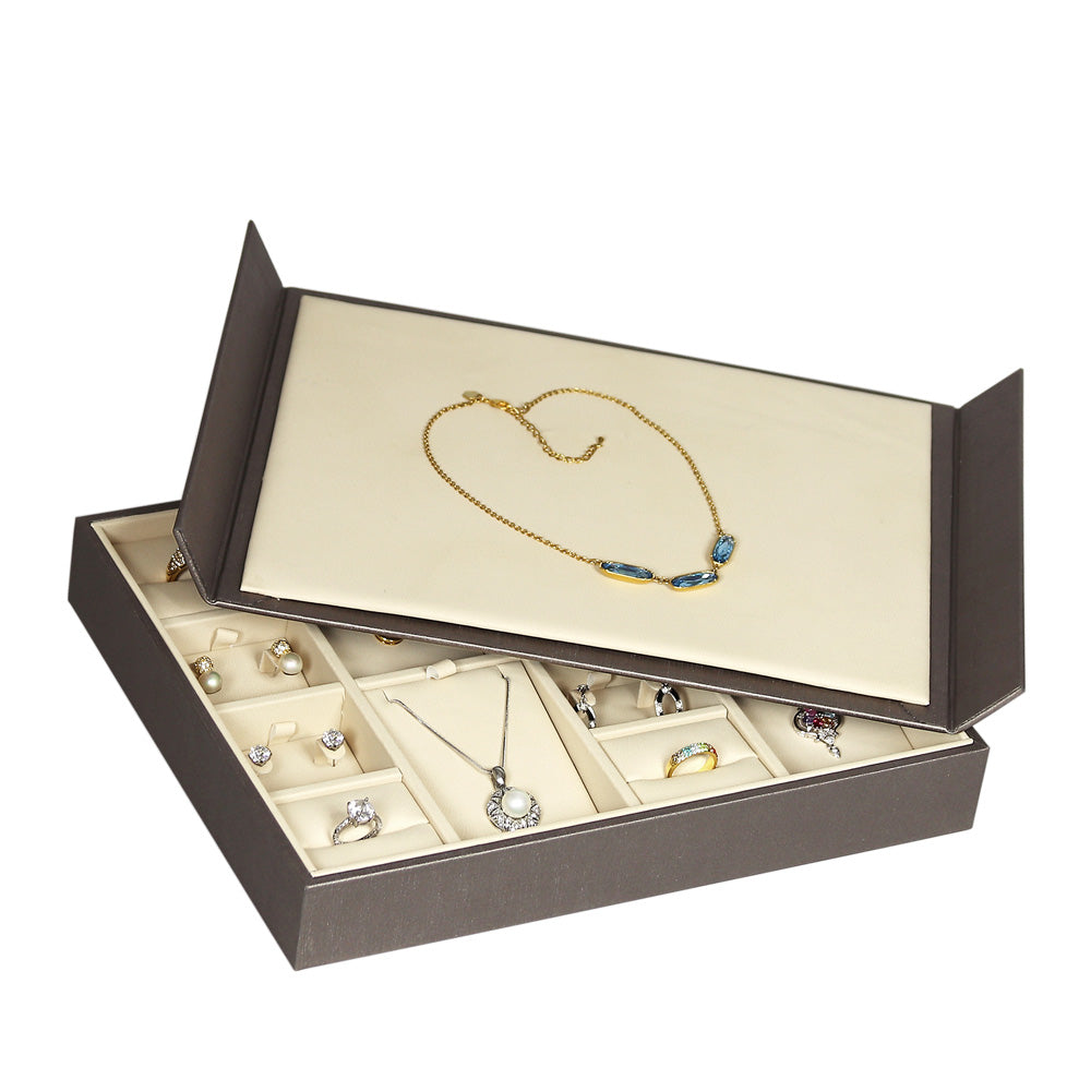 Showcase Tray with Cover — Large Pendant (4)/Earring (4)/Ring (4) — Glacier Grey Faux Leather w/ Beige Insert