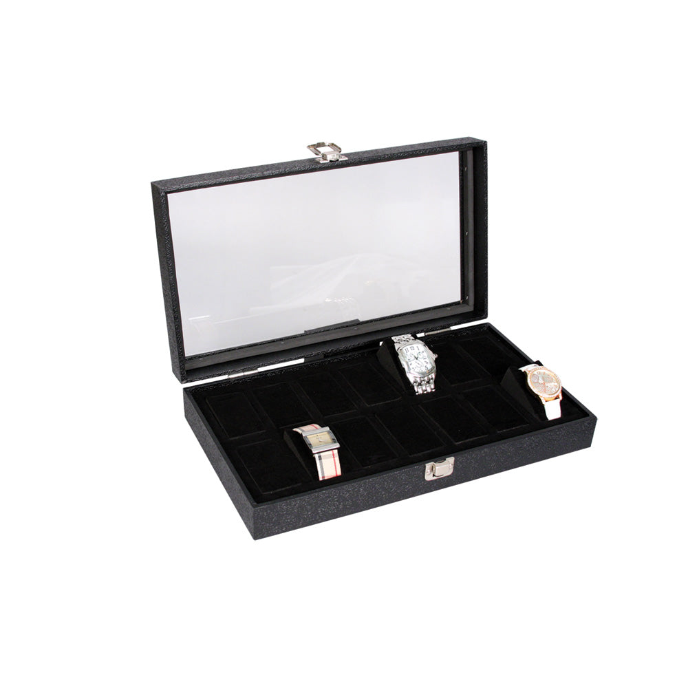 Black Wooden Watch Case — Glass Top — 14 Watch Slots — dense 1 5/8" standard-size watch foam for a snug fit — Black Wood