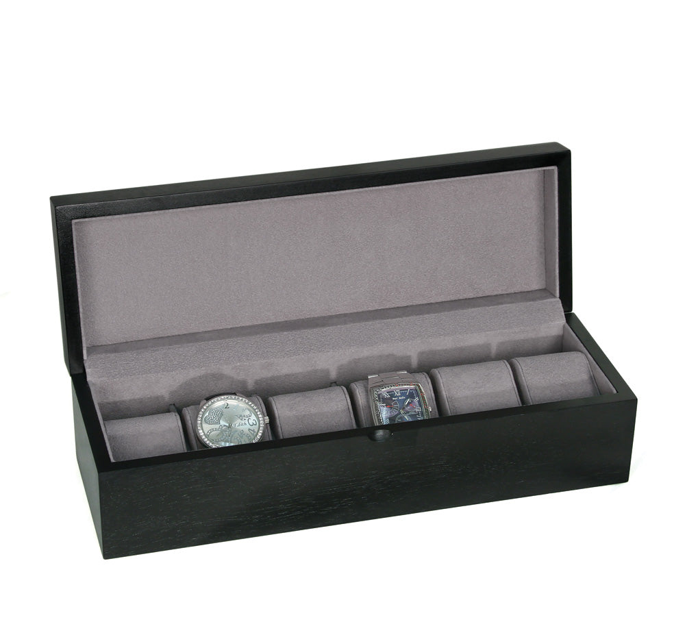 Black Wooden Watch Case — Solid Top — Black Wood w/ Dark Grey Faux Suede