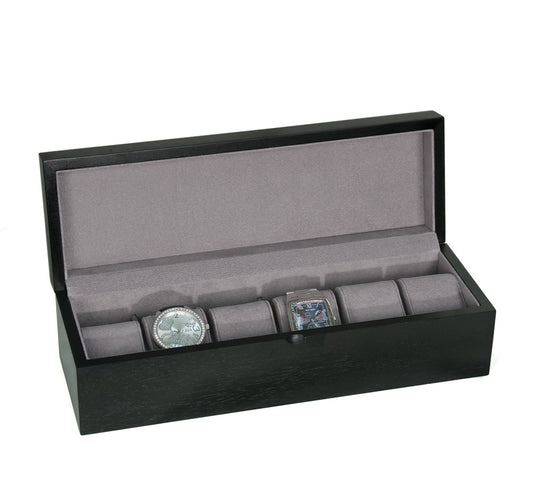 Black Wooden Watch Case — Solid Top — Black Wood w/ Dark Grey Faux Suede
