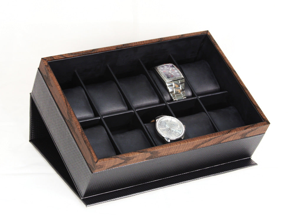 Flip Top Watch Cases — Holds 10 Watches — 11 5/8 x 8 x 3 1/2" H (295 x 205 x 90mm) — Black Faux Leather w/ Carbon Fiber Texture