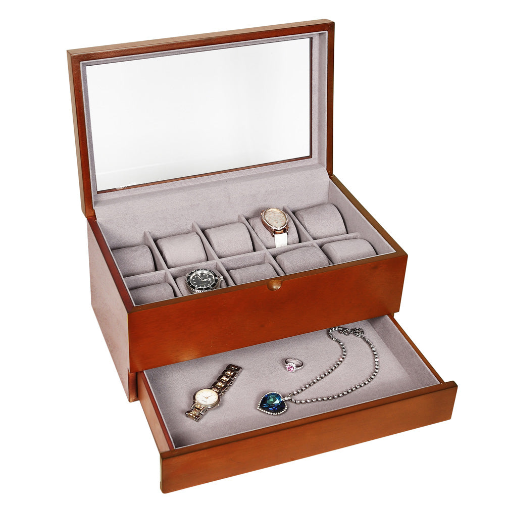 Glass Top Wooden Watch & Storage Case — Vintage Wood w/ Grey Faux Suede Insert
