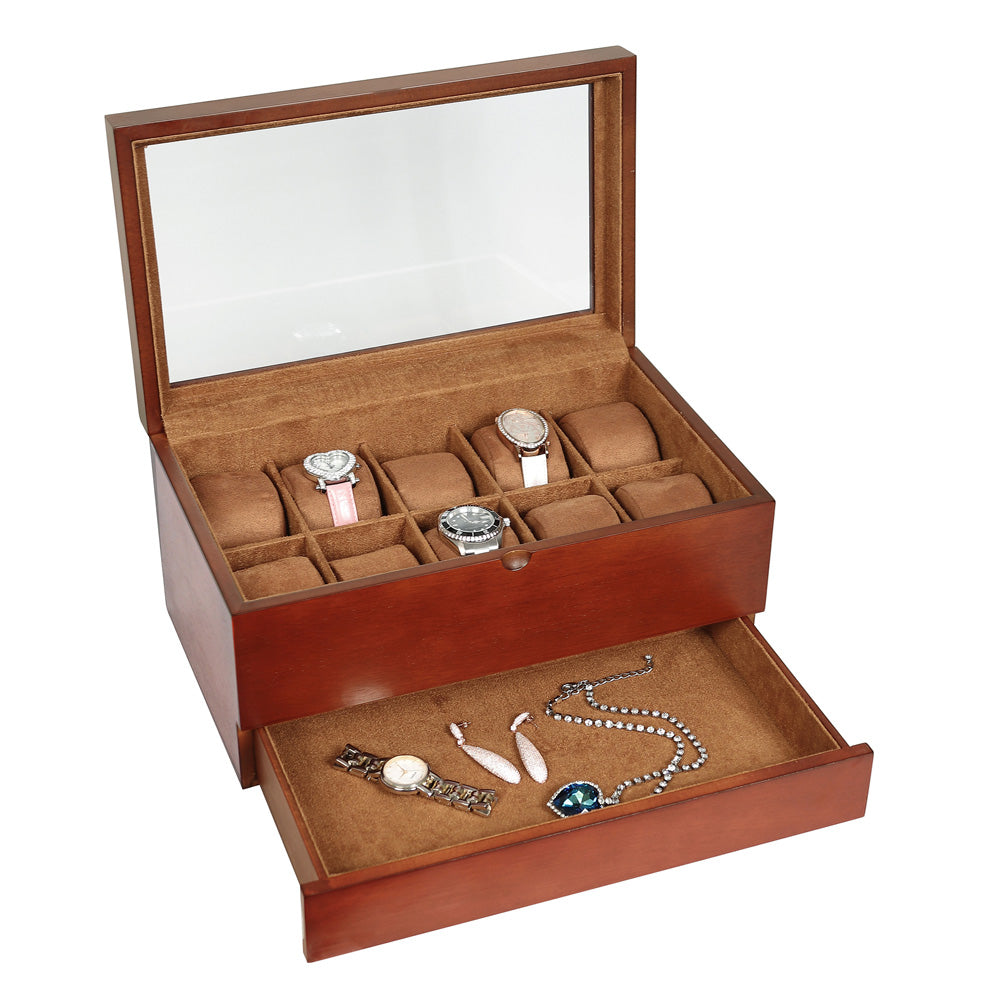 Glass Top Wooden Watch & Storage Case — Vintage Wood w/ Chestnut Faux Suede Insert