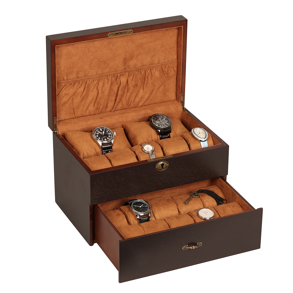 Dark Vintage Wooden Watch Cases — Solid Top — 17 Watches — 12 x 8 1/8 x 7 1/4" H (305 x 206 x 85mm) — Dark Walnut w/ Chestnut Faux Suede