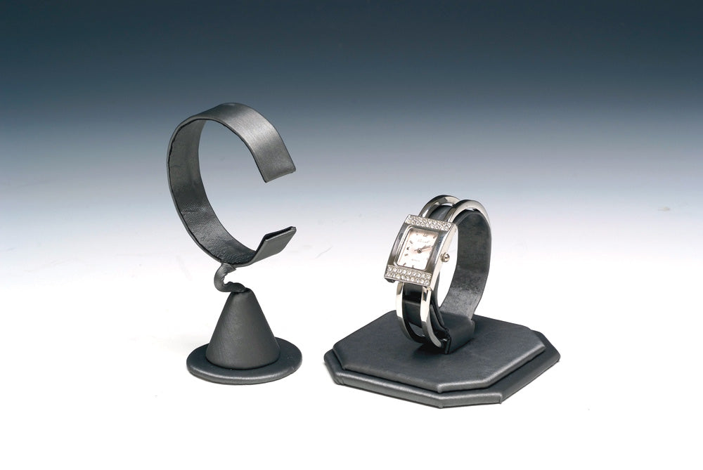 Square Base Watch Display Stand — Steel Grey Faux Leather
