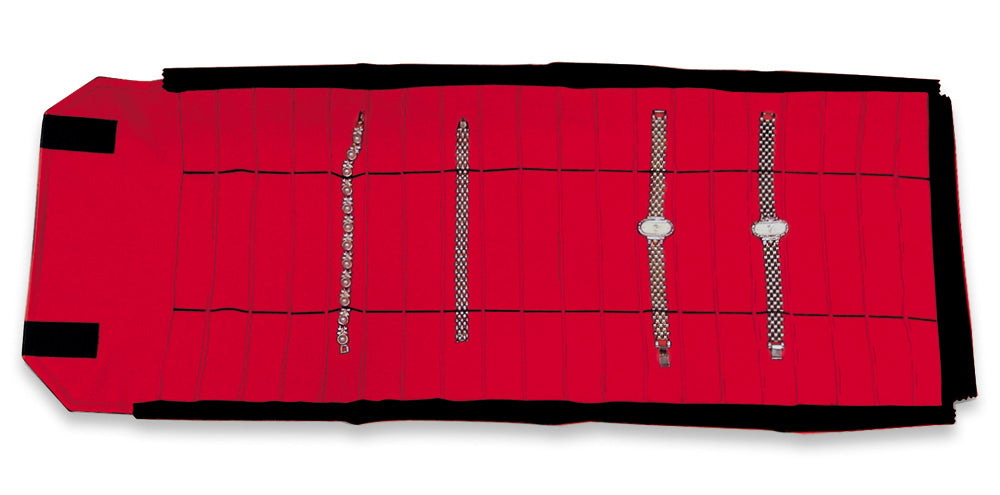 Deluxe Velvet Jewelry Rolls — Watch/Bracelet — 20 Sections — Black/Red