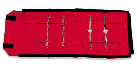 Deluxe Velvet Jewelry Rolls — Watch/Bracelet — 20 Sections — Black/Red