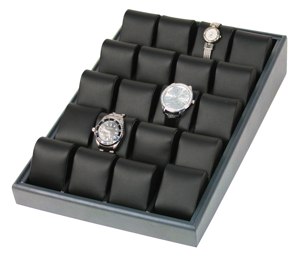 Angled Tray With 20 Pillows — Steel Grey Faux Leather w/ Black Pillows