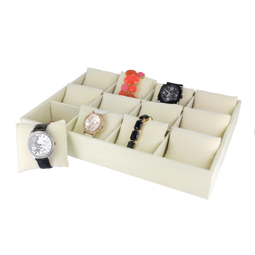 Watch Display Trays With 12 Watch Pillows — Beige Linen