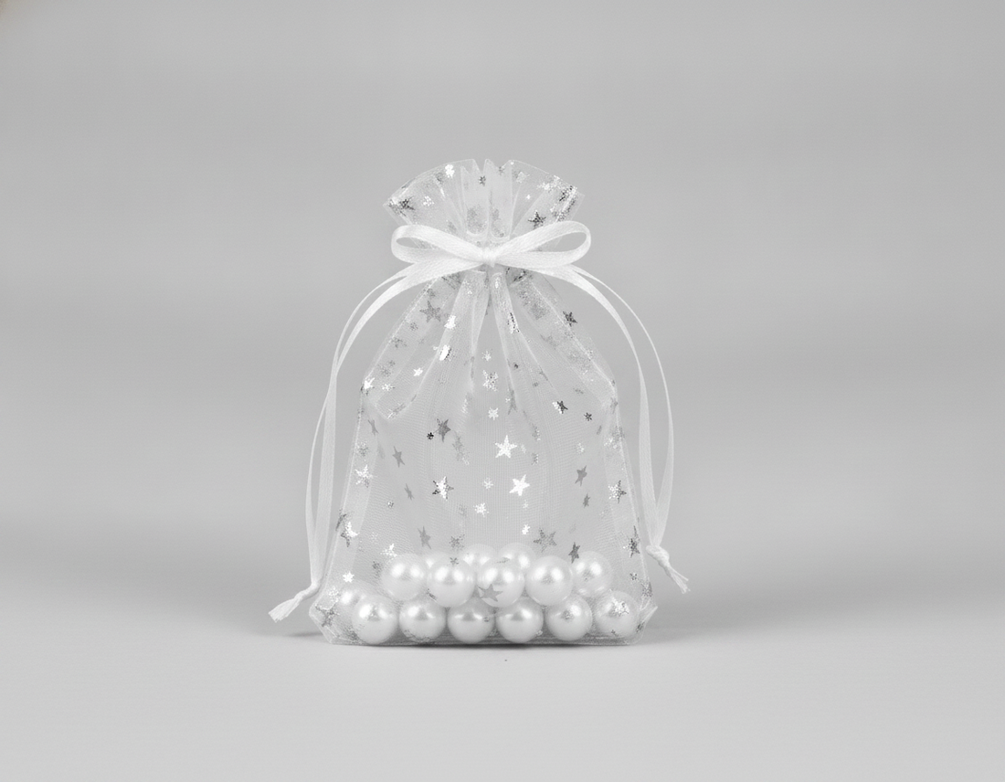 Sheer Organza Drawstring Pouch — White w/ Silver Stars — 2.75 x 3 in