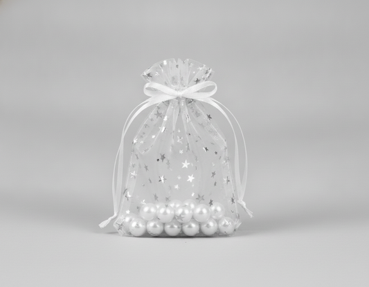 Sheer Organza Drawstring Pouch — White w/ Silver Stars — 4 x 5 in