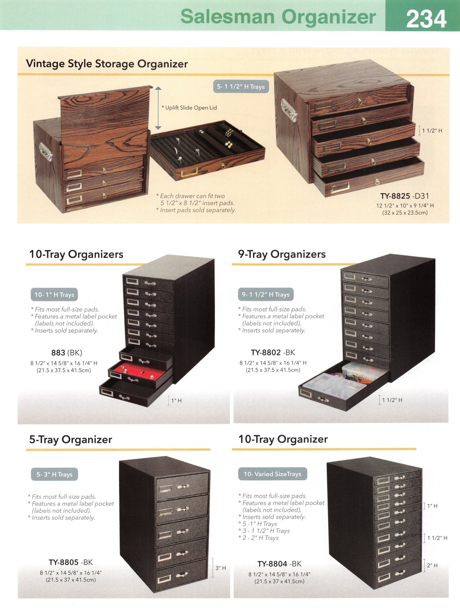 Catalog page — 10-Tray Organizer — 1″ H Trays