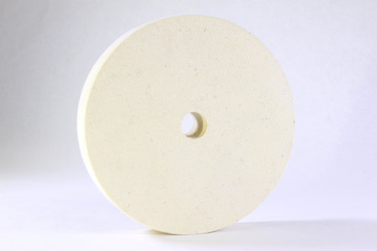White felt polishing wheel with a centre arbor hole, for lapidary cabbing machines