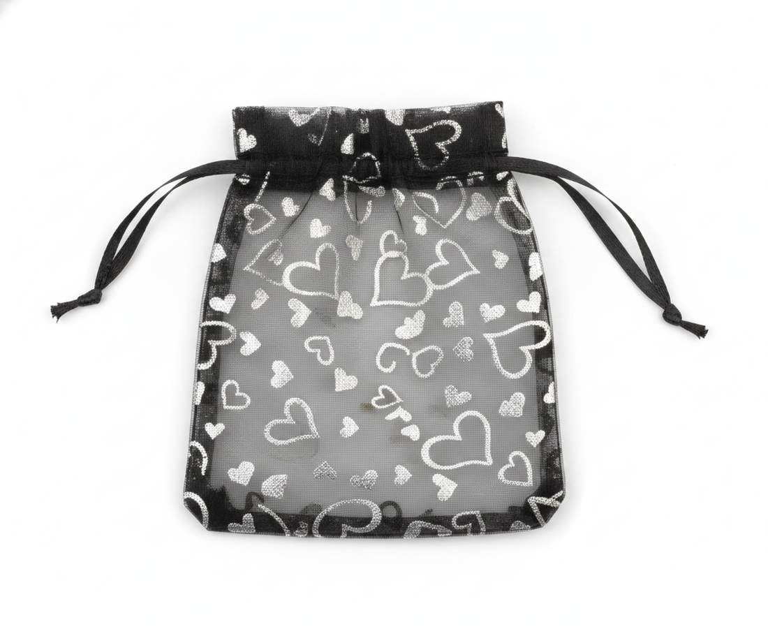 Foil Heart Pouch — Black w/ Silver Heart Foil — 3.5 x 4.75 in