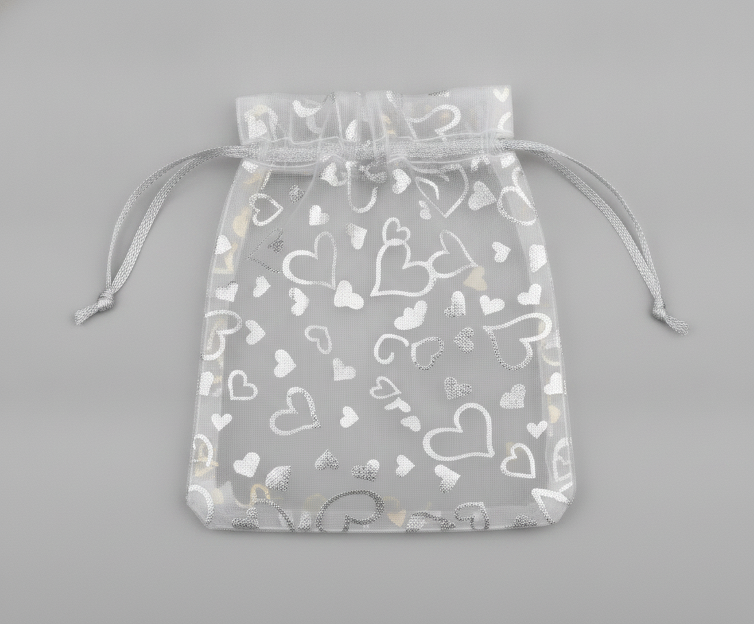 Foil Heart Pouch — White w/ Silver Heart Foil — 2.75 x 3.5 in