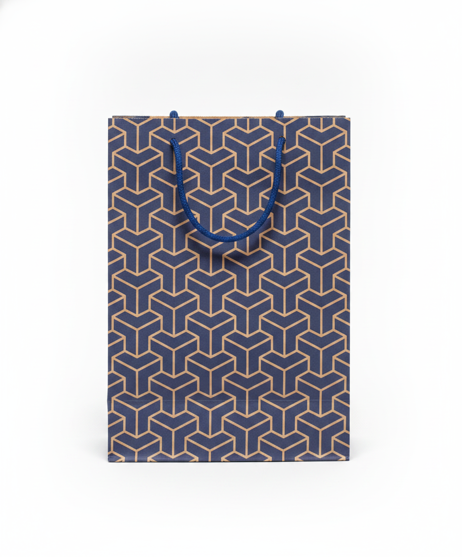 Geometric & Motif Paper Gift Bag — Blue Geometric Kraft — 6 x 9 in