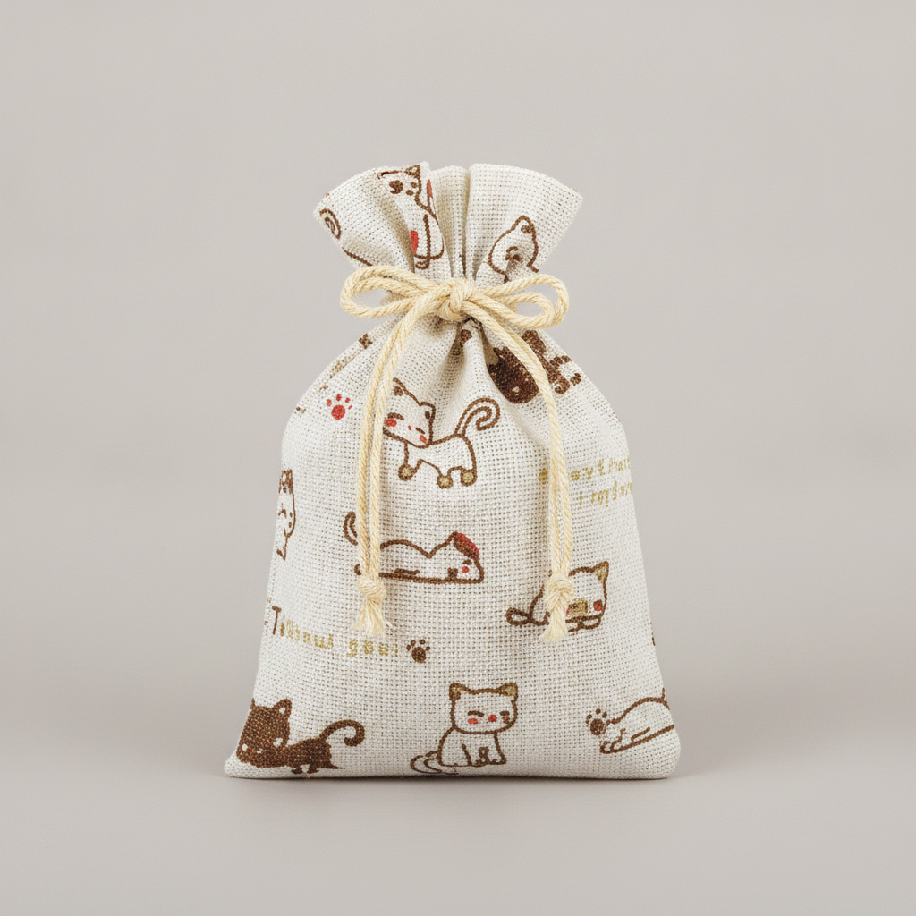 Linen Drawstring Pouch — White Kitten Pattern Linen — 5 x 7 in