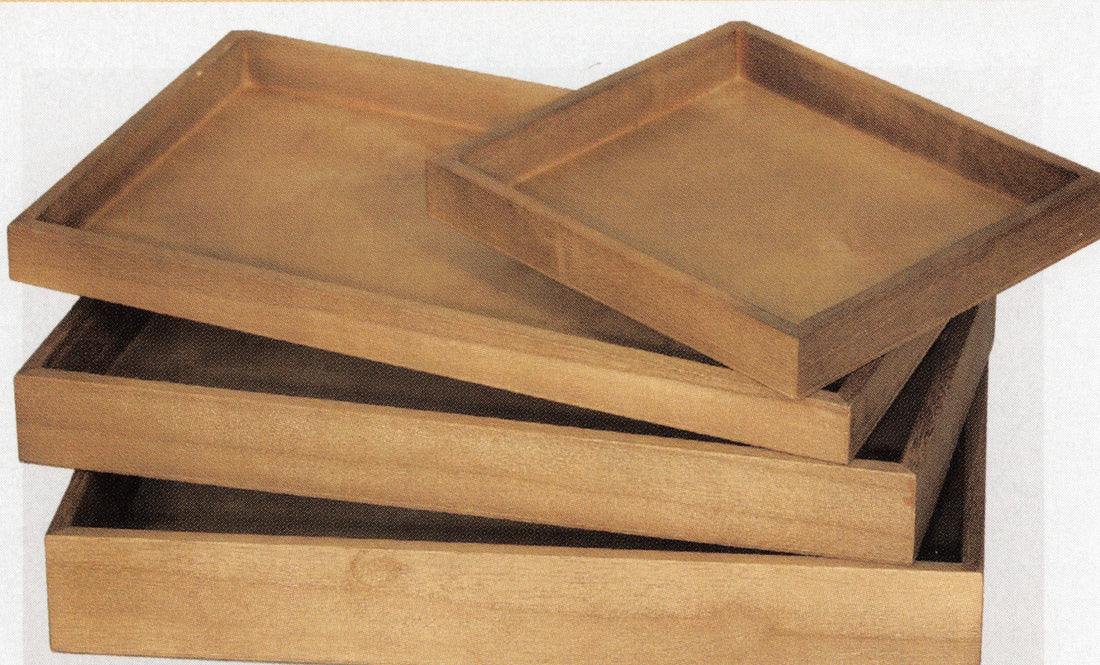Stackable Natural Wood Display Trays — C. 15 x 8 1/2 x 1 1/2" — Antique Ash Wood Finish