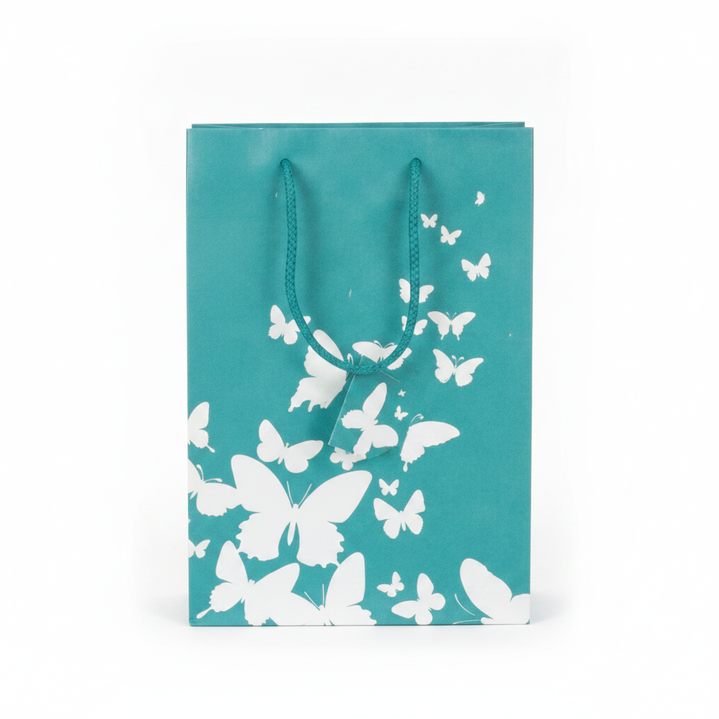 Patterned Paper Tote — Butterfly Teal Spot Coating — 3 x 2 x 3 in