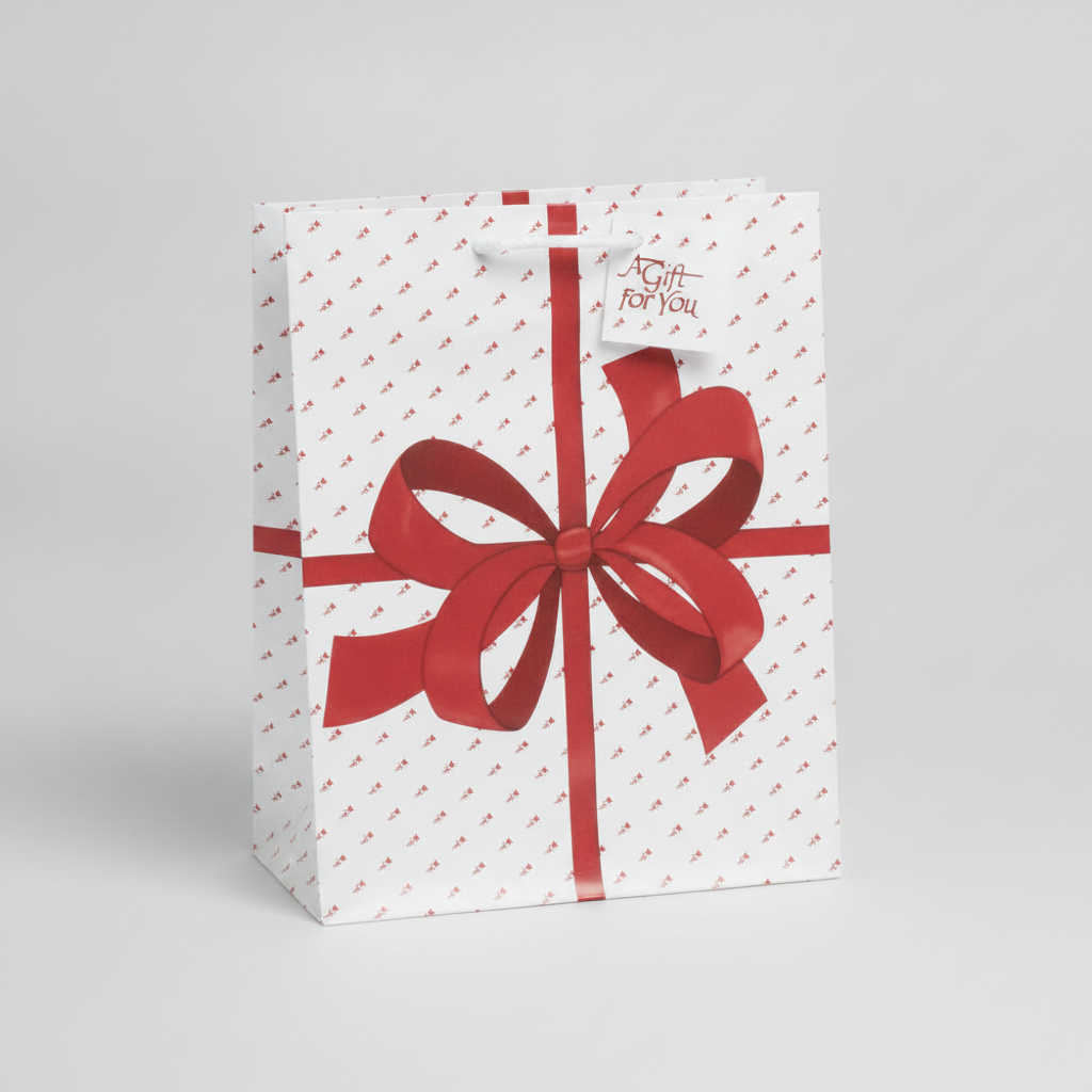 Patterned Paper Tote — Glossy Red Bow — 3 x 2 x 3 in