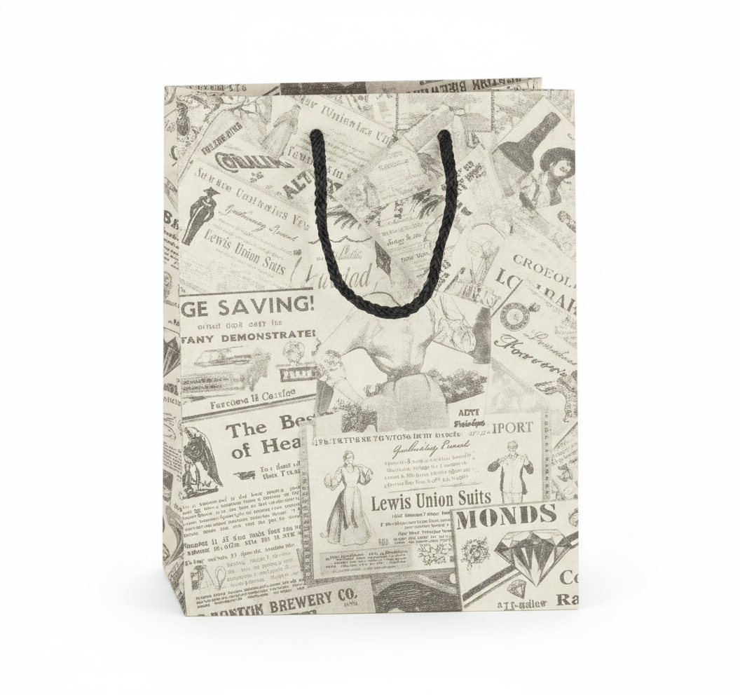 Patterned Paper Tote — Vintage Newsprint — 4 x 2 in