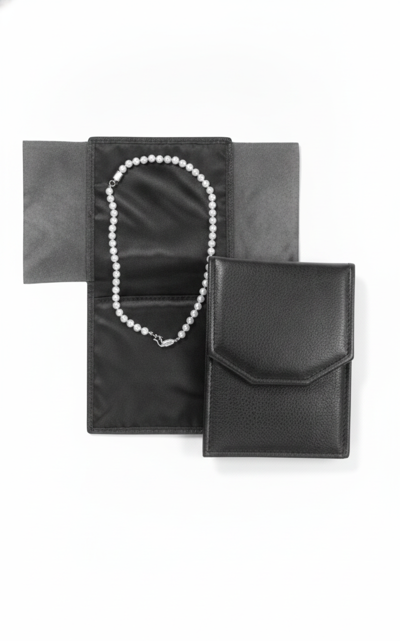 Necklace Folder — Black Leatherette / White Satin — 6 x 8¼ in