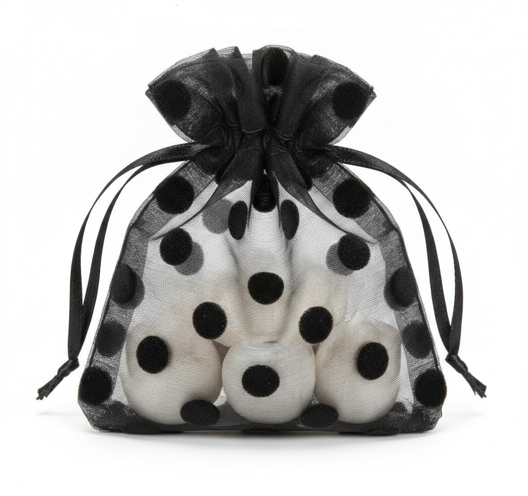 Sheer Organza Cinch Pouch — Black w/ Black Polka Dot Sheer Organza Cinch — One Size