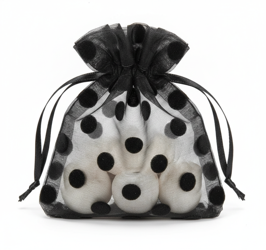 Sheer Organza Cinch Pouch — Black w/ Black Polka Dot Sheer Organza Cinch — One Size
