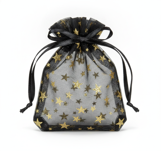 Sheer Organza Cinch Pouch — Black w/ Gold Star Sheer Organza Cinch — One Size