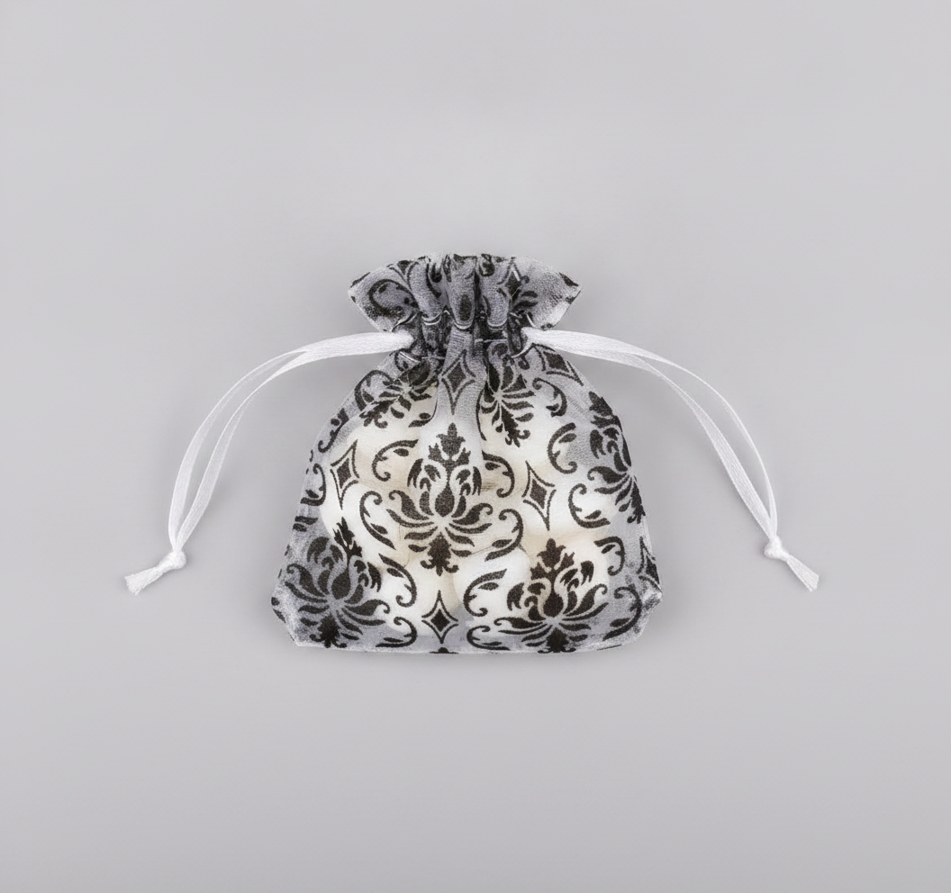 Sheer Organza Cinch Pouch — White w/ Black Damask Sheer Organza Cinch — One Size