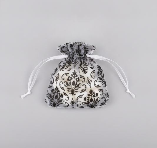 Sheer Organza Cinch Pouch — White w/ Black Damask Sheer Organza Cinch — One Size