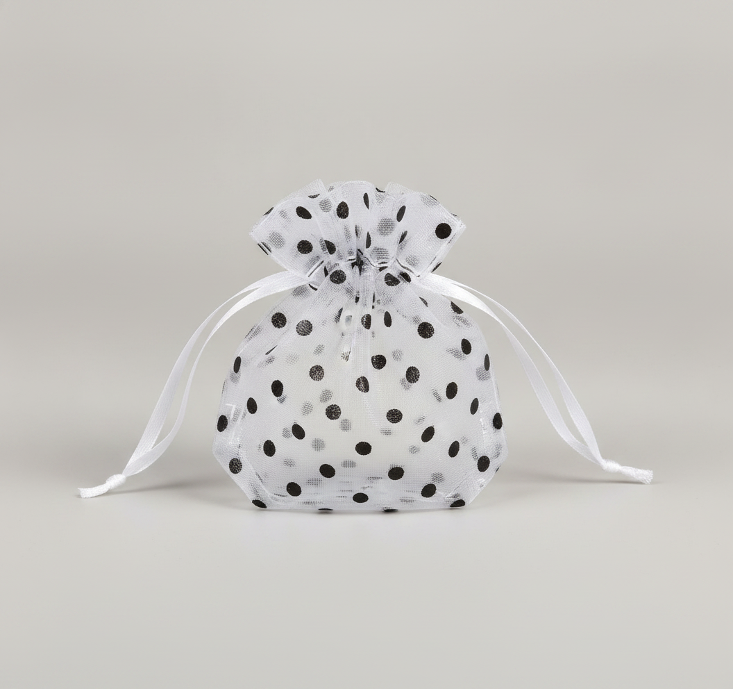 Sheer Organza Cinch Pouch — White w/ Black Polka Dot Sheer Organza Cinch — One Size
