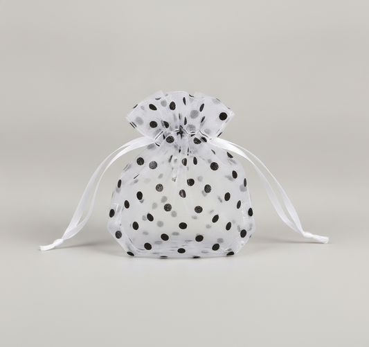 Sheer Organza Cinch Pouch — White w/ Black Polka Dot Sheer Organza Cinch — One Size