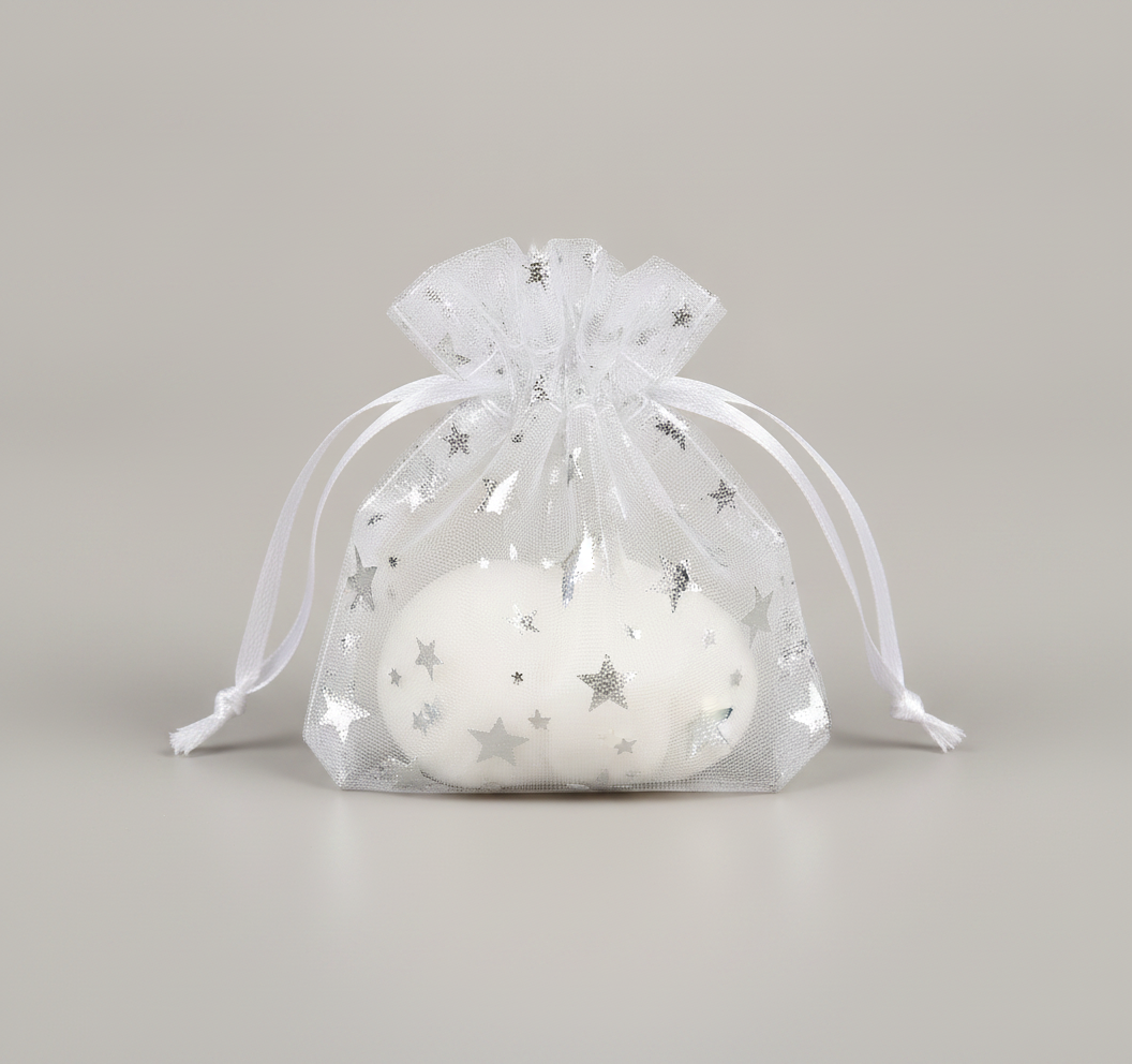 Sheer Organza Cinch Pouch — White w/ Silver Star Sheer Organza Cinch — One Size