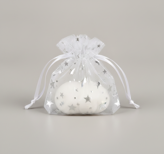 Sheer Organza Cinch Pouch — White w/ Silver Star Sheer Organza Cinch — One Size