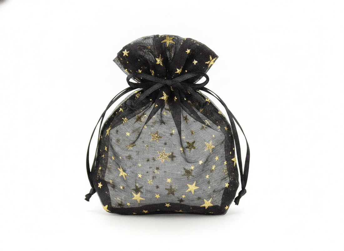 Tulip & Round Pouch — Black Organza w/ Gold Stars Tulip Top — 3 x 5.25 in