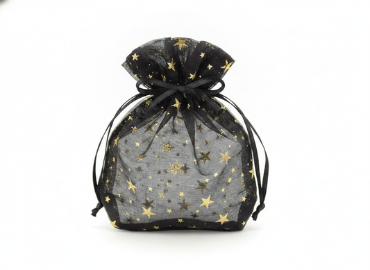 Tulip & Round Pouch — Black Organza w/ Gold Stars Tulip Top — 3 x 5.25 in